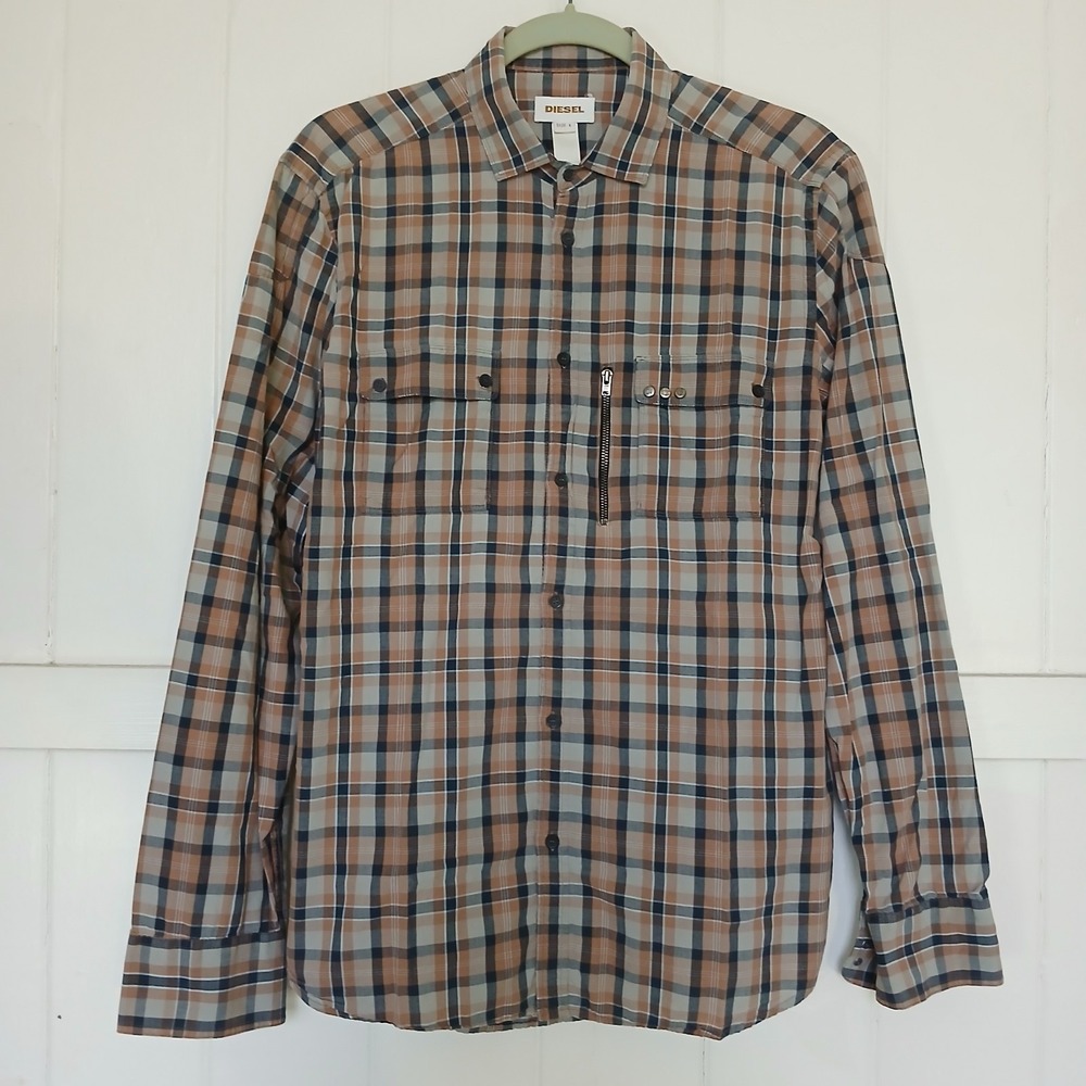 Diesel Men's Plaid Button-Down Shirt in Tan, Blue, Black